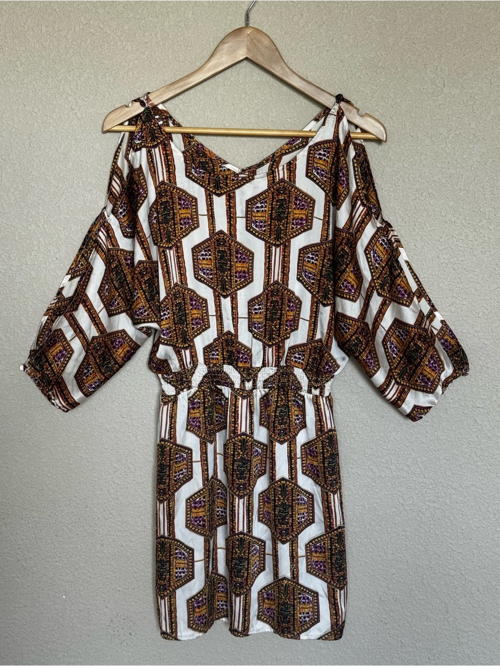 Umgee Boho Cold Shoulder Geometric Print Mini Dress Elastic Waist Size S